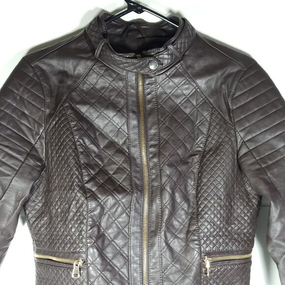 Cavalini Ci Sono Women's Sz M Brown Faux Leather Quilted Front Zip Biker Jacket - Picture 2 of 11